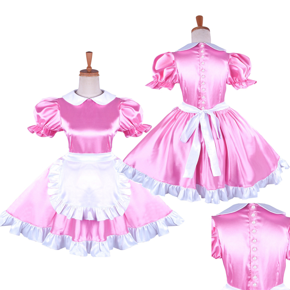 Pink and White Satin Sissy Maid Dress with Ruffled Apron – Lockable [G1478]