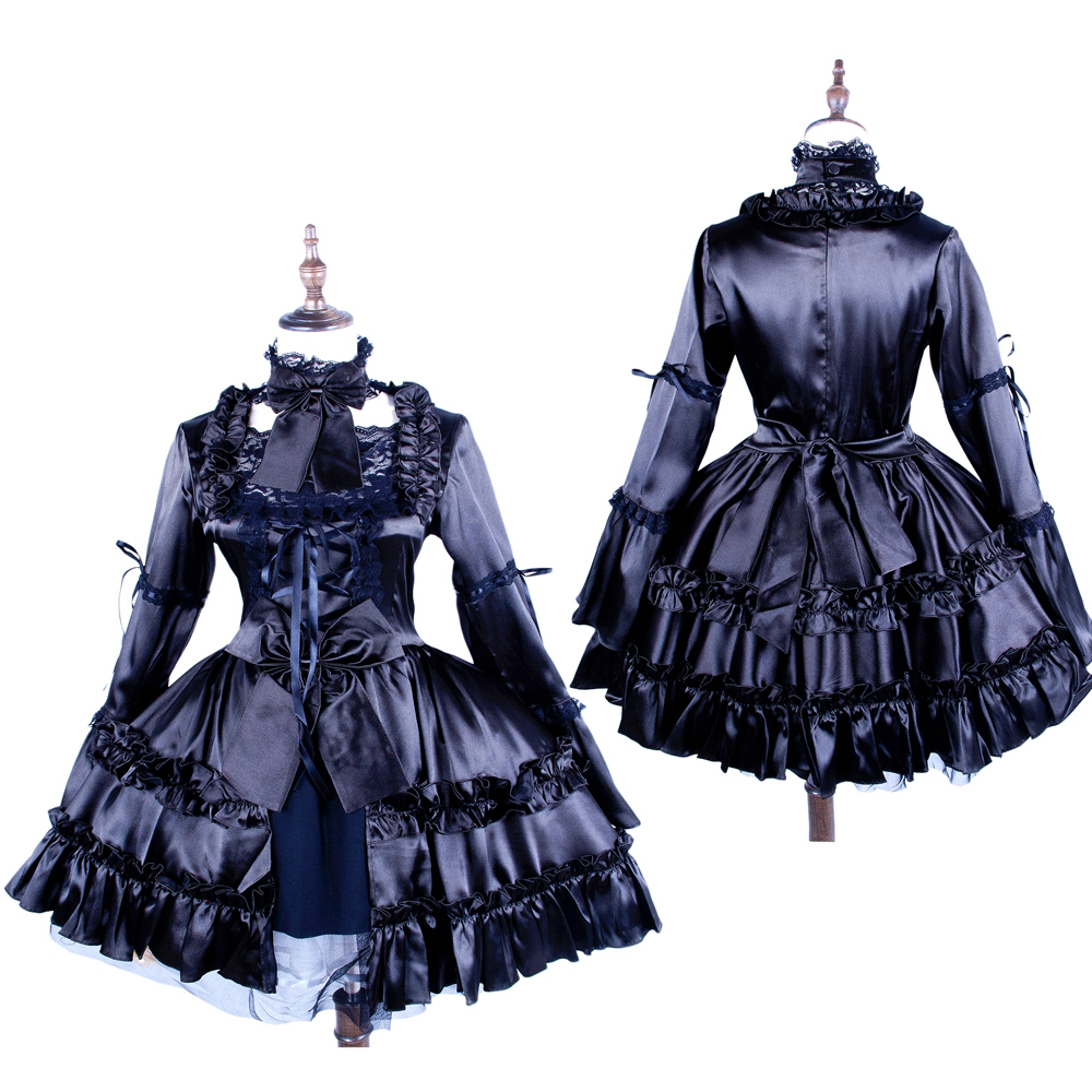 Black Satin Lockable Gothic Lolita Dress – High Neck Ruffled Sissy ...