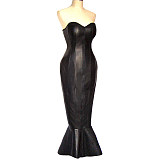 Black Sissy Maid Faux Leather Corset O Dress – Mermaid Hem Gown [G337]