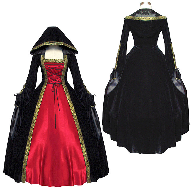 Red and Black Velvet Hooded Victorian Medieval Gown – Crossdressing Fantasy Dress [G517]