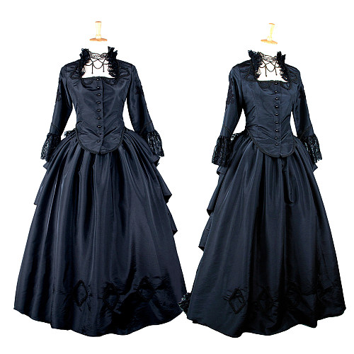 Black Taffeta Victorian Medieval Gown Set with Jacket and Bustle Skirt – Crossdressing Outfit [G503]