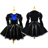 Black Heavy PVC Sissy Maid Dress – Lockable Fetish Crossdressing Outfit with Blue Bow [G613]