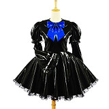 Black Heavy PVC Sissy Maid Dress – Lockable Fetish Crossdressing Outfit with Blue Bow [G613]