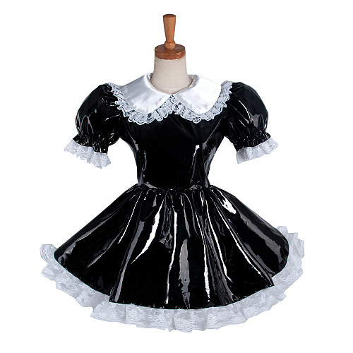 Lockable Sissy Maid Crossdressing Black Heavy PVC Lace Apron Dress [G1217]