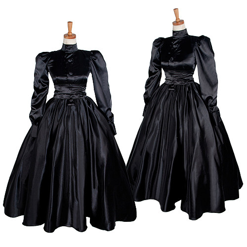 Lockable Sissy Maid Crossdressing Black Satin High Neck Victorian Long Gown [G1218]