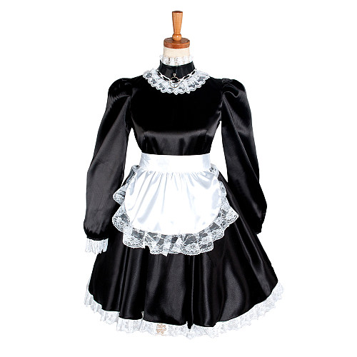 Lockable Satin Long Sleeve Sissy Maid Dress with Lace Apron [G1221]