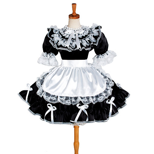 Lockable Satin Black & White French Sissy Maid Dress with Lace and Bows [G1230]