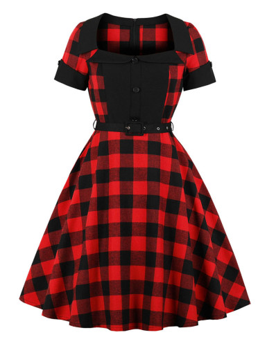 Woman Grid Shirt Fitted Short Sleeves Dress
