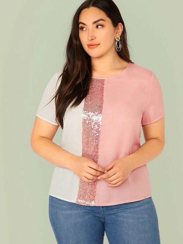 Plus Cut And Sew Sequin Mesh Top