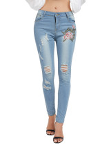 Glamourous Light Blue Flower Pattern Ripped Jeans Pockets Casual Wear