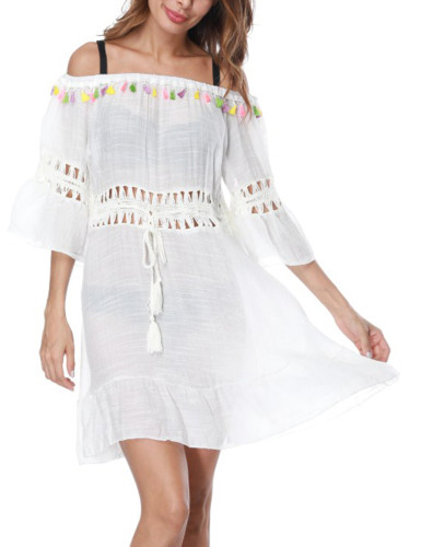 Pool Party White Off Shoulder Tassel Beach Dress Hollow Out Waist