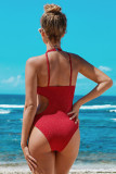 Frilled Neck Cut-out Ribbed One-piece Swimwear