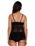 Happy Girl Black Lace Patchwork Wireless Tankinis Plunging Neck Leisure Time