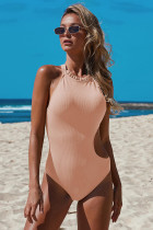 Frilled Neck Cut-out Ribbed One-piece Swimwear