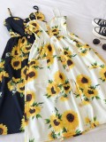2020 Summer New Fashion Tight Waist Sunflower Print Midr Dress