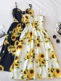 2020 Summer New Fashion Tight Waist Sunflower Print Midr Dress