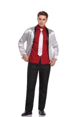 Tie, coat, red shirt, trousers
