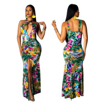 Fashion printed suspender V-neck dress