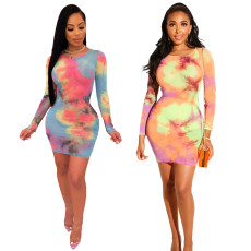 Sexy body-building tie-dyed long-sleeved hip dress