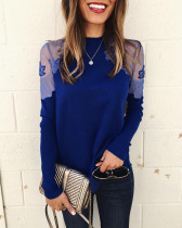 Screen lace blouse with round collar and long sleeves