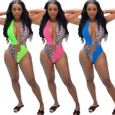 Sexy dew-back printing and splicing pure-color swimsuit