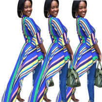 Irregular Swing Skirt with Rainbow Stripe Half Sleeve