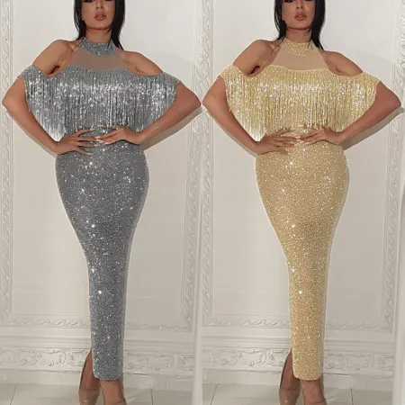 Flash tassel elegant shoulder-open dinner dress