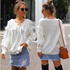 V-neck lace stitching loose fringed knitted sweater