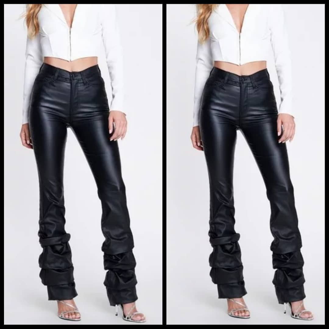 black stacked leather pants