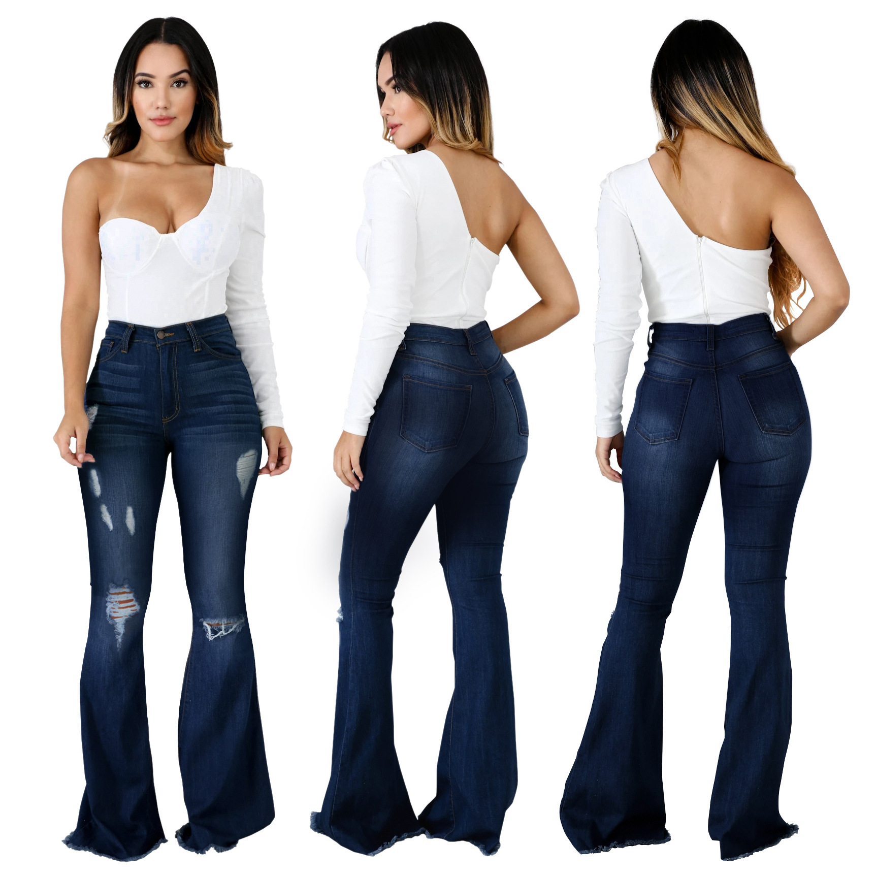 US$ 8.70 - Fashionable wide leg washed jeans with holes - www.keke ...
