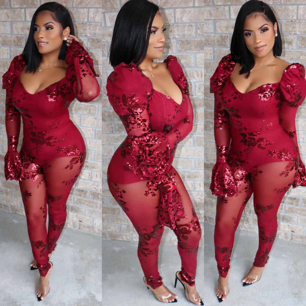 US$ 11.89 - Mesh Beaded Jumpsuit - www.keke-lover.com