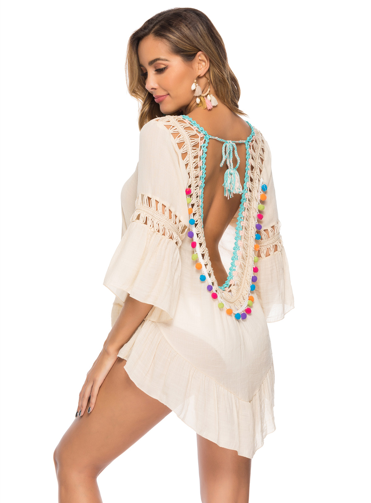 US$ 6.73 - Open back hollow colored ball fringe beach blouse - www.keke ...