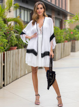 Black and white hand hook loose fringe beach blouse cardigan