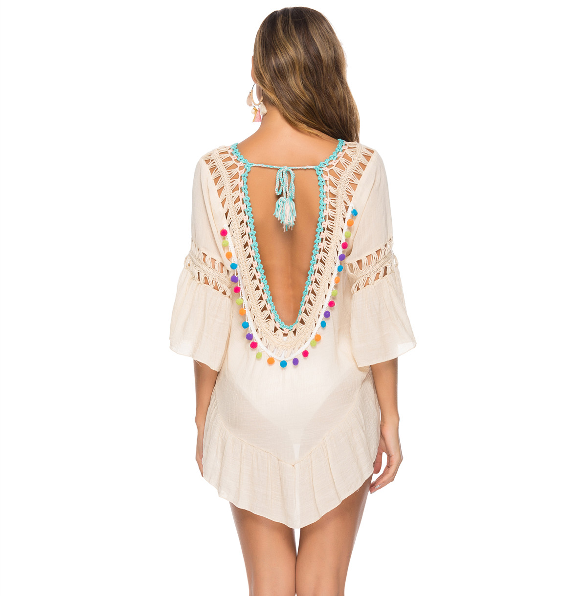 US$ 6.73 - Open back hollow colored ball fringe beach blouse - www.keke ...