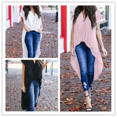 Fashion bottom solid V-neck loose casual pleated shirt