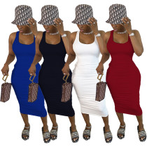 Solid color pleated ZIPPER TIE middle dress