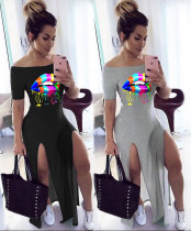 Color lip print off shoulder slit dress