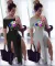 Color lip print off shoulder slit dress