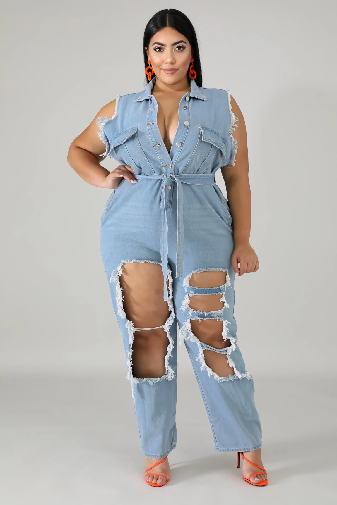 US$ 13.24 - Long sleeve frosted water washed denim Jumpsuit with holes ...