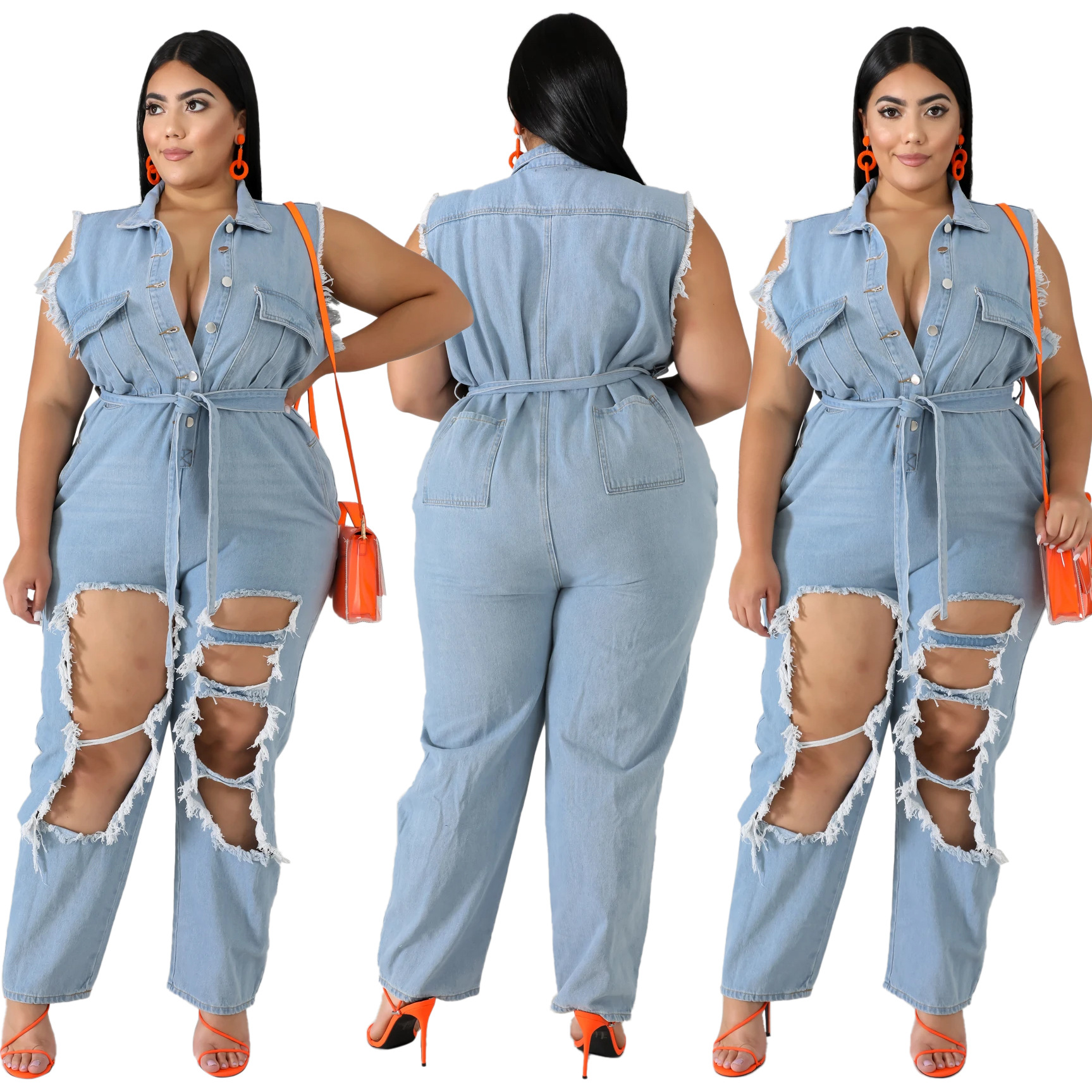 US$ 13.24 - Long sleeve frosted water washed denim Jumpsuit with holes ...