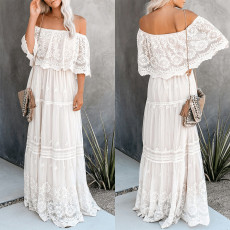 Elegant white high waist open back cut lace dress