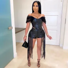 Solid color Pu tassel two piece set