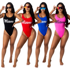 Sexy solid color letter print open back one piece swimsuit