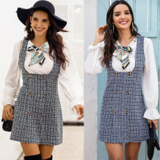  Fashion strap skirt double breasted Plaid one-step skirt
