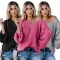 Solid V-neck T-shirt wide truffle back Lantern Sleeve Sweater