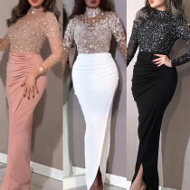 High waist long sleeve dress with mesh stitching sequins