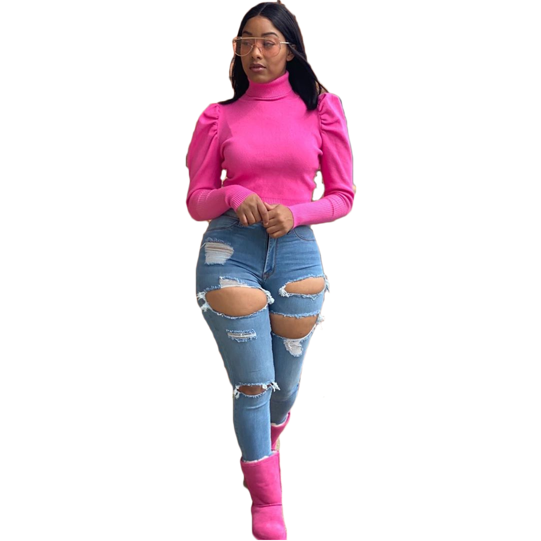 US$ 5.41 - Solid medium high Neck Long Sleeve T-Shirt Top - www.keke-lover.com