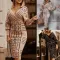 Fashion print V-neck waist and hip dress