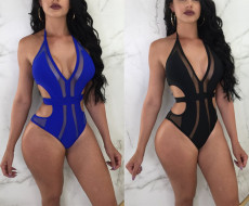 Sexy lace up mesh deep V one piece
