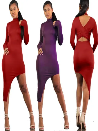Sexy solid round neck dress